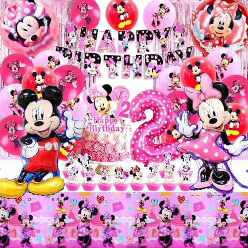 Kit Compleanno Minnie 51 Pezzi - Cake Topper, Palloncini, Festa, Tovaglia - Decorazioni per 2 Anni