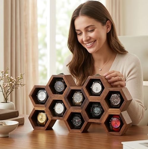 Erhöhen Sie Ihre Uhrensammlung mit dem Uhrendeck, Premium-Uhrenvitrine für 10 Uhren, einzigartiges Geburtstagsgeschenk für Herren, Holz-Uhrenbox und Uhrenetui, im Lieferumfang