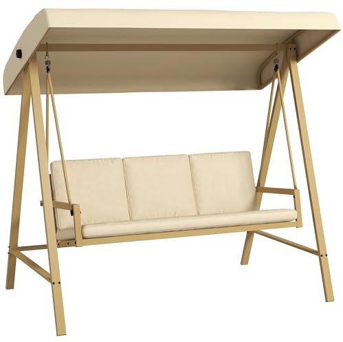 Outsunny 3 Seater Garden Swing Chair, Outdoor Hammock Bench with Adjustable Canopy, Removable Cushions and Steel Frame, Beige