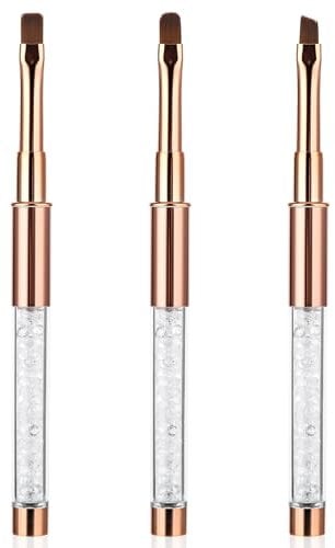 Teaaha Gel Nail Brush, 3 PCS Flat/Oval/Fine Angled Builder Gel Brush Rhinestone Handle Professional Hard Gel Brush for Nail Art Design Painting DIY and Cleaning Polish on the Cuticles(Rose Gold)