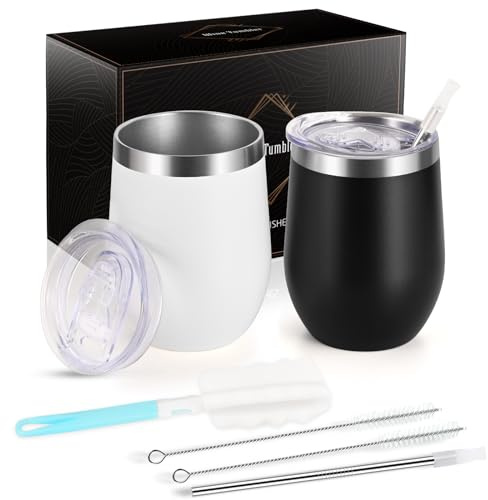 Joymaking 12oz Reusable Coffee Cup, 2 Pack Double Walled -Insulated Travel Mug Vacuum Stainless Steel Wine Tumbler with Spill Proof Lid, Great for Coffee, Tea, Milk and Wine, Black White