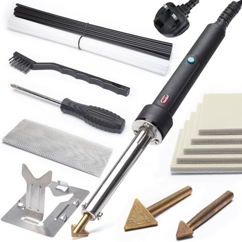 YIHUA 960-IV Plastic Welding Kit Bumper Repair Tool with Power Switch Indicator Light 3 Tips 20/20 Black&White Plastic Rods 5 Polish Foams Steel Mesh for Plastic Welding Fuel Tank Kayak Repair UK Plug