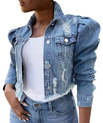 WIndsfinr Womens Puff Sleeve Peplum Denim Jacket Women Court Style Fashion Lapel Denim Casual Short Coat Women Denim Jacket Basic Denim Cropped Jacket Stretch Vintage Wash Top (X2-Light Blue, XL)