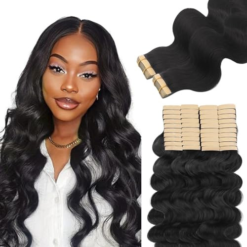Lashey Tape in Extensions Echthaar 45cm(18zoll) 40pcs 100g Gewellt Echthaar Tape Extensions Natürlich Schwarz Haarverlängerungen Echthaar für Frauen Invisible and Skin Weft Tape ins