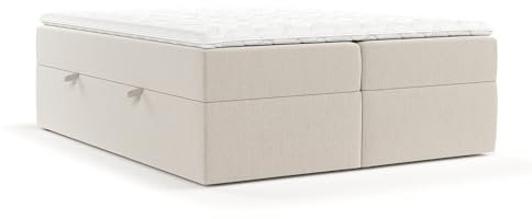 maison de reve - Boxspringbett 160 x 200 cm Yoko, mit Bettkasten, Bett mit H3 Taschenmatratze (20 cm hoch), Polsterbett mit PU-Topper mit Algae Bezug, Boxbetten, Webstoff - Beige