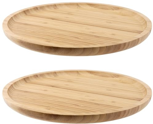 JIEHIN 2 Stück Bambus Untersetzer Rund 30 cm, Holztablett Rund Serviertablett Holz, Rundes Bambus Tablett Holz Untersetzer Küchentablett für Tee, Tassen, Frühstück