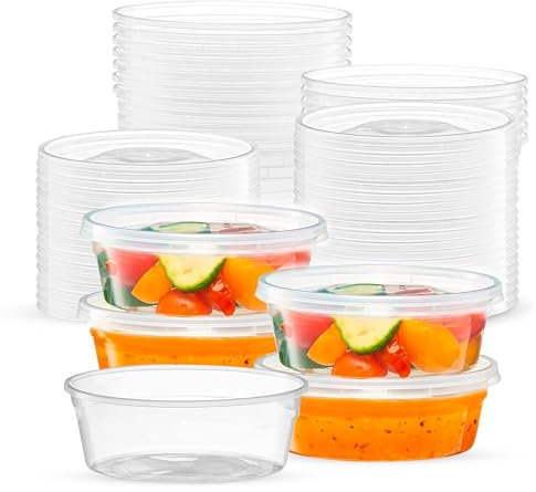 CHEF ROYALE 25 x 8oz Plastic Round Clear Tub Containers With Lids - Microwave Safe Tub Pots - Meal Prep & Takeaway Storage Box - Freezer & Dishwasher Safe (25, 8oz)