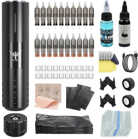 TATELF Complete Maschine Set Wireless Rotary Pen with 1800mAh Battery 20pcs Cartridge Needles 100pcs Machine Covers Ink Practice Skin Bandage for Beginners
