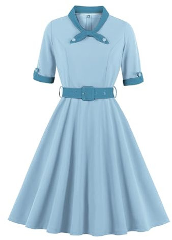 IBTOM CASTLE 1940s Dress for Women Vintage Short Sleeve A-line Cocktail Dress Retro Bow Tie Swing Dresses with Belt for Wedding Guest Summer Holiday Tea Party Light blue+dark blue L