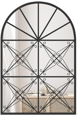 COSTWAY Arched Window Wall Mirror, 87x58cm Large Decorative Mirror Hanging Accent Mirrors, Black Metal Frame Wall Mounted Mirror Windowpane Decoration for Living Room, Bedroom and Hallway