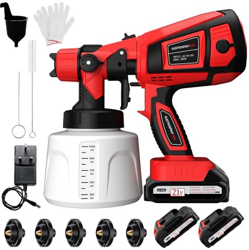 Cordless Paint Sprayer, Paint Sprayers with 21V Battery, Fence Paint Sprayer with 2x 2000mAh Batteries & Charger & 1000ML Container for Walls