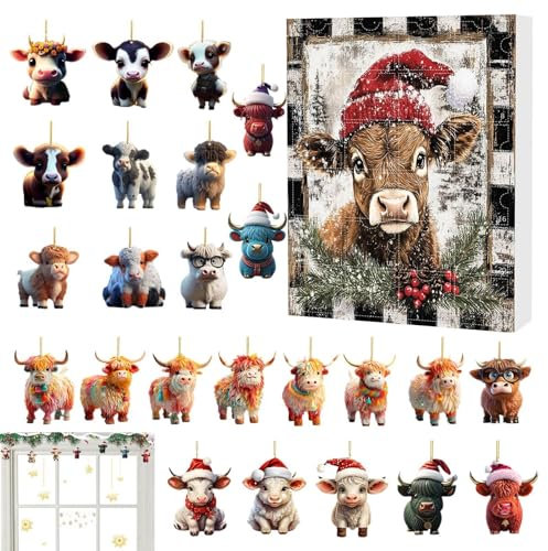 Euyehn Weihnachten 2024 - Highland Cow Christmas, 24 Tage Cute Highland Cow Christmas Countdown Kalender, Weihnachten Countdown Kalender für Familie