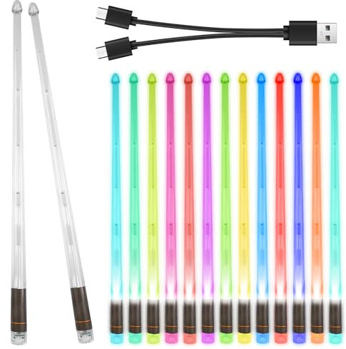 1 Paar Leuchtende Drumsticks, 13 Color PC Farbwechsel LED Leuchten Trommelstock mit One-Touch-Schalter, 2 Modi USB Rechargeable LED Schlagzeugstöcke für Groß Angelegte Nachtveranstaltungen Night