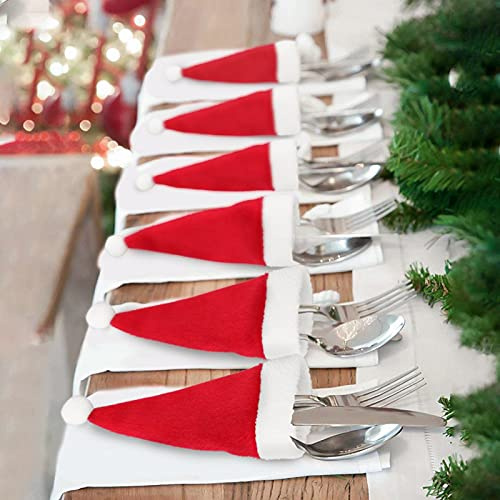 10pcs Mini Christmas Santa Hats Cutlery Holder, Table Dinner Silverware Holders Pockets Knifes Forks Tableware Bags Christmas Party Decoration for Home Restaurant Dining Room