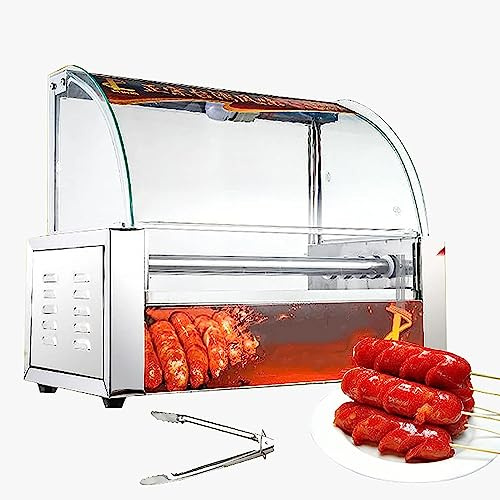 ERoomQ Sausage Grill Cooker Machine w/5 Stainless Steel Rollers,16 Hot Dog Max,Removable Stainless Steel Drip Tray,Glass Hood Cover&LED Lights