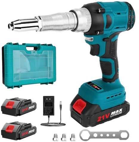 Yofuly Rivettatrice a Batteria Compatibile con Makita 21V Batteria, Pistola per Rivetti con 2* Batterie, 20.000N Brushless Elettrica Rivettatrice Automatica con 3 Adattatori