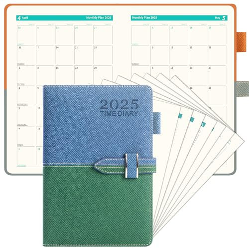 kalender 2025 Buchkalender A5 Stoffgebundener Terminplaner, 416 Seiten Premium-Papier, Softcover mit Stiftschlaufe, Innentasche, Lesezeichen und elastischem Verschluss (Blaugrün)