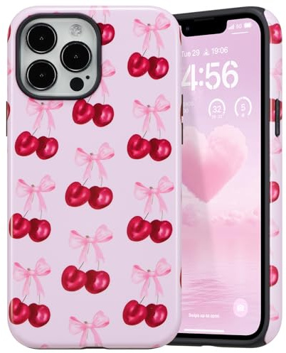 DEFBSC for iPhone 16 Pro Max Case Cute Hybrid, Cherry/Glossy | Pink Ribbon Bowknot Print,Aesthetic Trendy Pattern for Women Girls,Slim Durable Bumper Shockproof Hard Back Phone Cover