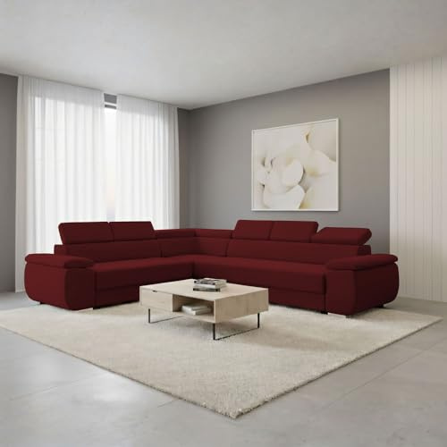 FORNIRO 24 eleganter Ecksofa 318x255cm Rot Wohnzimmer Couch Schlafsofa | Mit Schlaffunktion & Kissen - Stoff Premium | ausziehbar Gäste bequem Stauraum Design hochwertig Eckcouch Komfort robust