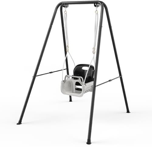 Babyschaukel 4-in-1, Kinderschaukel-Set mit Sitz, 4in1Garten Draussen Indoor Kleinkind, Faltbarer Metallständer, Kinderschaukel für draußen, bis 80 kg belastbar, Mit Metallhalterung (Schwarz)