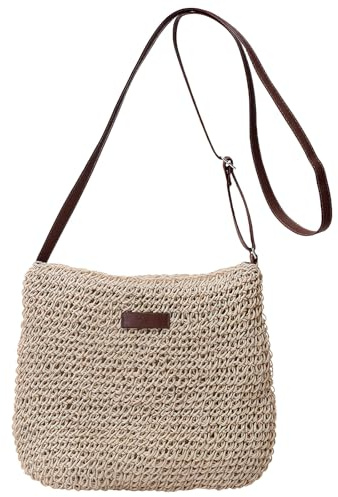 GWAWG Women's Straw Crossbody Bag with Leather Tag, Boho Woven Raffia Handbag,29x23x6cm,Lightweight Summer Beach Holiday Shoulder Bag,Zip Closure (Beige)