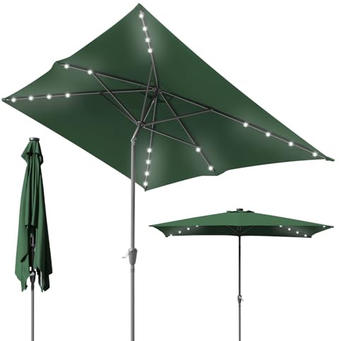 Ikodm Sonnenschirm LED Solar 300 x 200 cm Grün mit Kurbel | Sonnenschirm Rechteckig Ampelschirm Gartenschirm Terrassenschirm Sonnenschutz UV50+, Knickbar wasserdicht für Garten, ohne Ständer