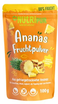 NutriPur Ananas frutta in polvere: 100g di frutta in polvere liofilizzata e finemente macinata – Frutta secca senza aggiunta di zucchero – Ananas in polvere – Frutta liofilizzata