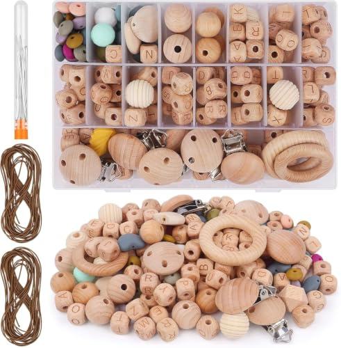 VINEST 204 Stück Buchenholz Perlen Selber Machen, Beech Holzperlen Rund Holzkugeln mit Loch zum Auffädeln, Holzperle Holzringe Set, Holzperlen Holz Perlen für basteln DIY Schmuck Herstellung