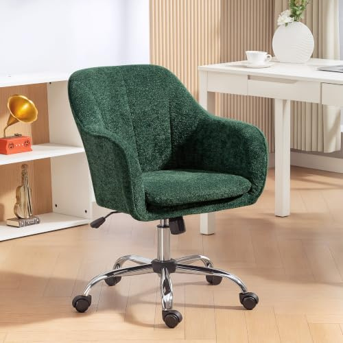 HOMCOM Snow Flannel Office Chair Makeup Vanity Chair Wheeled Dark Green | Tub Back, Swivel Rolling Design, Computer Armchair, Bedroom, Living Room