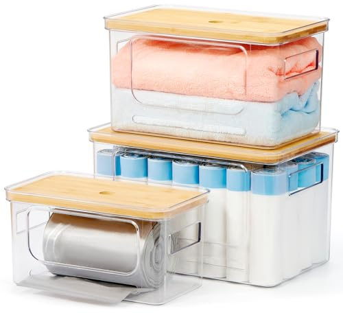 KitHero 3-Pack Trash Bag Holder,Trash Bag Dispenser with Bamboo Lid, Stackable Acrylic Garbage Bag Dispenser for Under Sink Use in Kitchen, Laundry Room, and Pantry, Large Capacity Garbage Bag Holder