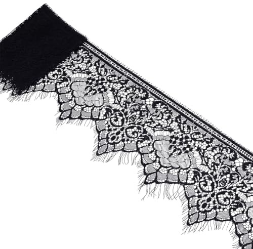CABODYALS 3 m 20cm Schwarz Breites Wimpernband Vintage Spitzenband Meterware Wimpernrand Fransen Spandex Stoffbänder Rolle Zum Nähen Herstellen von Hochzeitskleidung Kleiderdekor DIY Bastelbedarf
