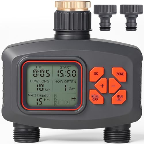 Bevattningsdator med 2 utgångar, vattentimer regnfördröjning, automatisk bevattning vattentimer med 8 scheman och manuellt läge, timer med LCD för gräsmatta, trädgård, balkong
