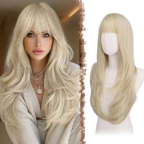 FESHFEN Lange Perücken mit Pony, 65 cm Geschichtete Perücke für Damen Frauen Natürliche Synthetik Haare Platinblond Layered Wigs with Bangs für Tägliche Karneval Party Cosplay