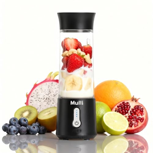 Mulli Tragbarer Mixer mit Reisedeckel – 500ml USB-wiederaufladbarer persönlicher Smoothie- und Protein-Shake-Maker, 6 Klingen für Sport, Reisen, Fitnessstudio und Zuhause
