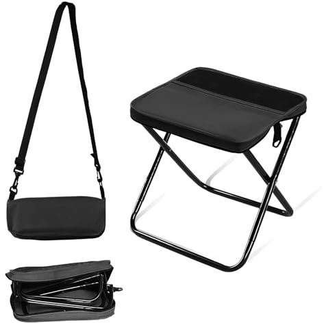 AURIVEE® Sgabello Pieghevole a Zaino, Nero Grande - Sedia Pieghevole Portatile con Cinghia, Portata 120kg per Campeggio, Pesca, Escursionismo, Giardino
