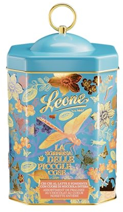 Leone dal 1857 - Latta Cri Cri Torinesi - Cioccolatini Leone al Gusto Nocciola Misti latte e fondente - Praline di Cioccolato alla Nocciola Assortiti - Latta Lanterna Libellula - Senza Glutine - 350g
