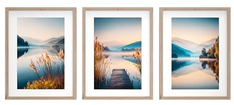 STYLER Bilder Set Calm Lake 3x 30x40 cm (AUFHÄNGFERTIG) mit hochwertigem Holzrahmen – Ruhige Bergsee Landschaft für Ihr Zuhause – Blau Natur Minimalistisch See