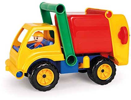 Lena 04356 Aktive Müllwagen LKW, Müllfahrzeug ca. 30 cm, robustes Müllauto mit verriegelbarem Müllbehälter, 1 Mülltonne und beweglicher Spielfigur im Spiele Set, Spielfahrzeug für Kinder ab 2 Jahre, Gelb/Rot