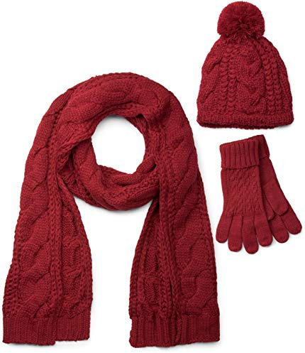 styleBREAKER Schal, Mütze und Handschuh Set, Zopfmuster Strickschal mit Bommelmütze und Handschuhe, Damen 01018208, Farbe:Bordeaux-Rot / Schal (One Size)
