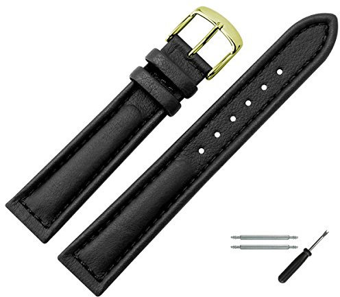 MARBURGER Uhrenarmband 18mm Leder Schwarz Gold Rind Prägung Mit Naht - Montage Set 6251810000220