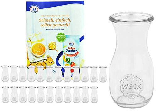 MamboCat 24er Set Weckgläser Saftflaschen 290 ml I Original Weck Glasflasche I Einweckflaschen für Säfte Saucen Öle UVM I Weck Flaschen ohne Deckel inkl. Diamant-Zucker Gelierzauber Rezeptheft