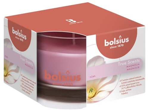 Bolsius True Scents Candela Profumata in Giara - Fragranza Magnolia - Colore Rosa - Medium - Lunga Durata di 24 Ore - Estratti Naturali - Candela Decorativa - Cera - Senza Fumo - 6.3 x 9 cm
