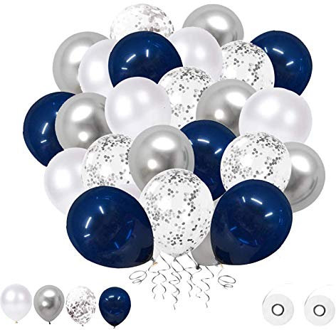 flow.month 60-teiliges Luftballon-Set, 30,5 cm, marineblaue Luftballons, silberfarbene Metallic-Luftballons, weiße Latex-Luftballons, Konfetti-Luftballons, Helium-Luftballons für Hochzeit, Geburtstag,