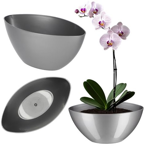 Kadax - Pot de fleurs en plastique - De forme ovale - 38 x 14 cm - Design moderne - Idéal pour la décoration d’intérieur et balcon - Argenté