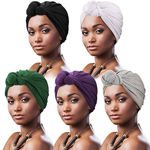 DRESHOW 5 Stücke Afrikanischen Turban für Damen Soft Vorgebunden Knot Mode Plissee Turban Hut Mütze Kopfwickel Schlafmütze