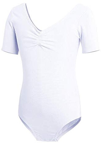 May Story Ballett Trikot Mädchen Kinder Langarm Kurzarm Bodys Leotard Sport Body Ballettanzug Trainingsanzug Bodysuit mit Druckknopf Gr. 98-164 (Weiß, 4XL Körpergröße 130-140cm)