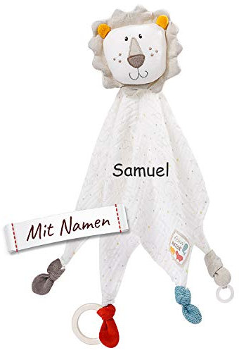 Fehn Schmusetuch Löwe mit Namen bestickt, FehnNatur BIO-Baumwolle Deluxe Baby & Kinder Schnuffeltuch personalisiert, Baby & Kleinkinder Spielkamerad Stofftier-Kuscheltuch Einschlafhilfe