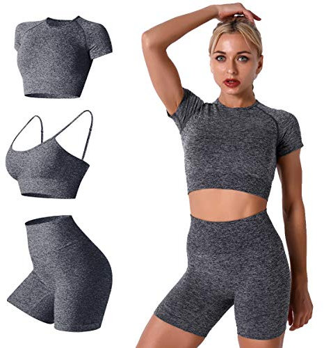 IMEKIS Damen 3 tlg Fitness Set Sport-BH mit Crop-Top und Shorts Nahtlose Yoga Kleidung Fitness Workout Outfit Frauen Slim Fit Sommer Biker Activewear Laufanzug Grau M