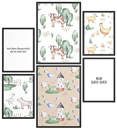 Papierschmiede® Bilder Kinderzimmer Kids Mood Poster Set Bauernhof, Kinderzimmer Bilder Babyzimmer Deko, 2x DIN A4 und 4X DIN A5, Kuh Huhn Schwein Farm - Kinderposter ohne Rahmen