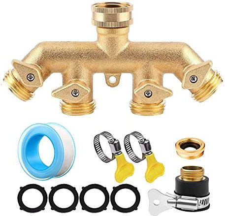 Adaptador de Grifo de 4 Vías de Latón para Mangueras de Jardín, Distribuidor 4 Vias 3/4 Divisor de Manguera de Jardín, Conector de Grifo con Válvula Individual para Riego, Limpieza, Jardín